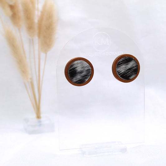 Genuine Cowhide Black Speckled Stud - Polymer Clay earrings & Studs | Genuine leather natural pearl jewelry - km-uniquely-adorned
