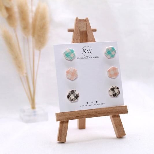 Pure Gingham Trio Pack - Polymer Clay earrings & Studs | Genuine leather natural pearl jewelry - km-uniquely-adorned