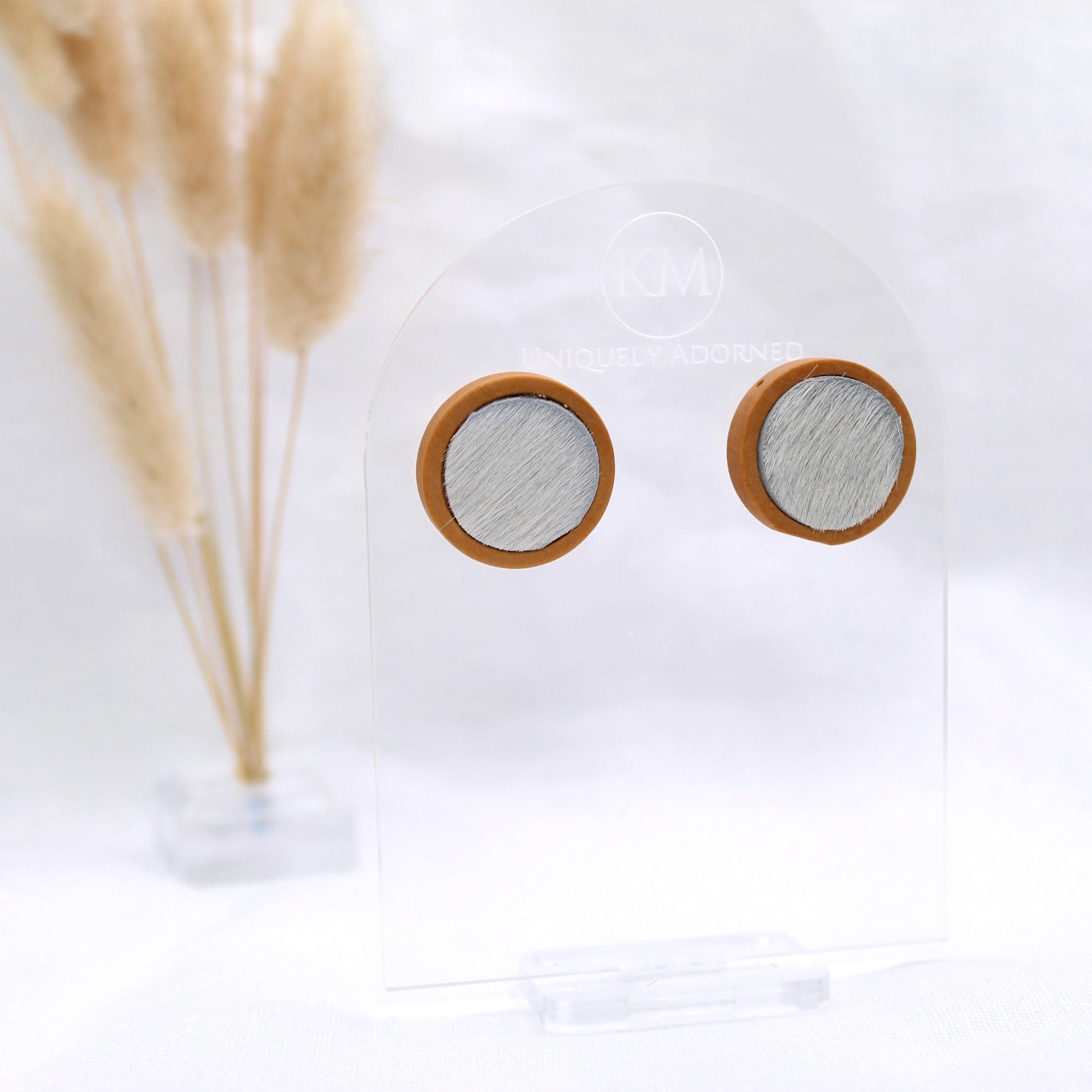 Genuine Cowhide White Stud - Polymer Clay earrings & Studs | Genuine leather natural pearl jewelry - km-uniquely-adorned